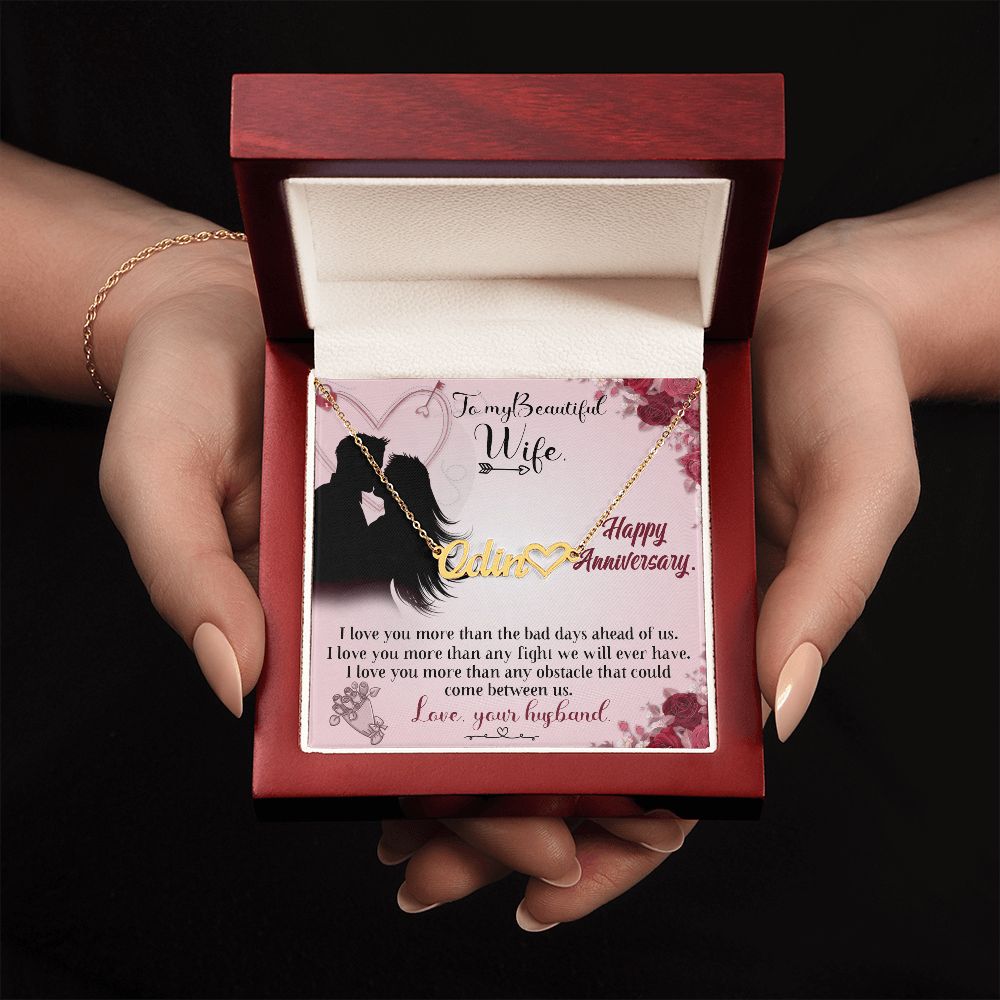TO MY BEAUTIFUL WIFE HAPPY ANNIVERSARY, CUSTOM NAME WITH HEART NECKLACE, GIFT FOR HER, NECKLACE PENDANT WITH MESSAGE CARD, FOR WIFE FROM HUSBAND