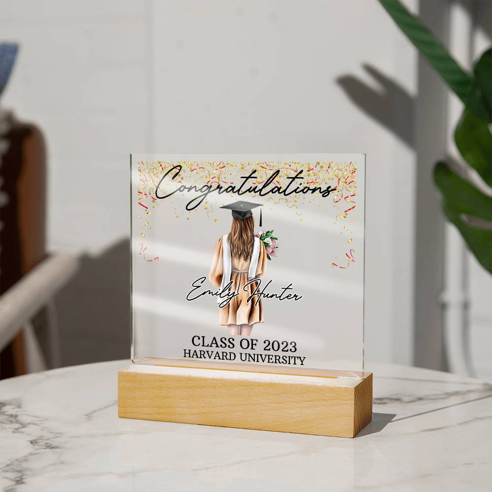 PERSONALIZED ACRYLIC PLAQUE FOR CLASS OF 2023 GRADUATE, PERSONALIZED GIFT FOR HER, ACRYLIC PLAQUE WITH WOODEN LED BASE, GRADUATION DESK DECOR, HARVARD UNIVERSITY COLLEGE GIFT FOR FRIEND