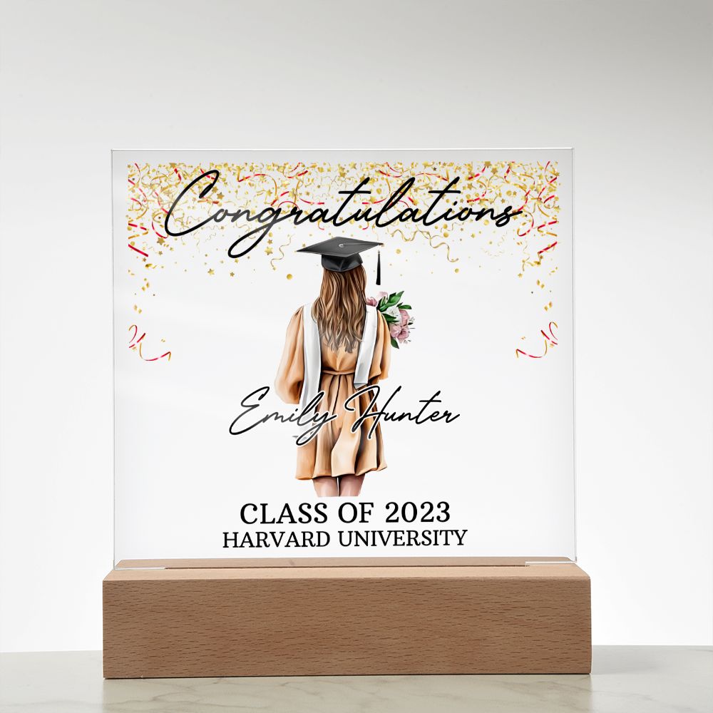 PERSONALIZED ACRYLIC PLAQUE FOR CLASS OF 2023 GRADUATE, PERSONALIZED GIFT FOR HER, ACRYLIC PLAQUE WITH WOODEN LED BASE, GRADUATION DESK DECOR, HARVARD UNIVERSITY COLLEGE GIFT FOR FRIEND