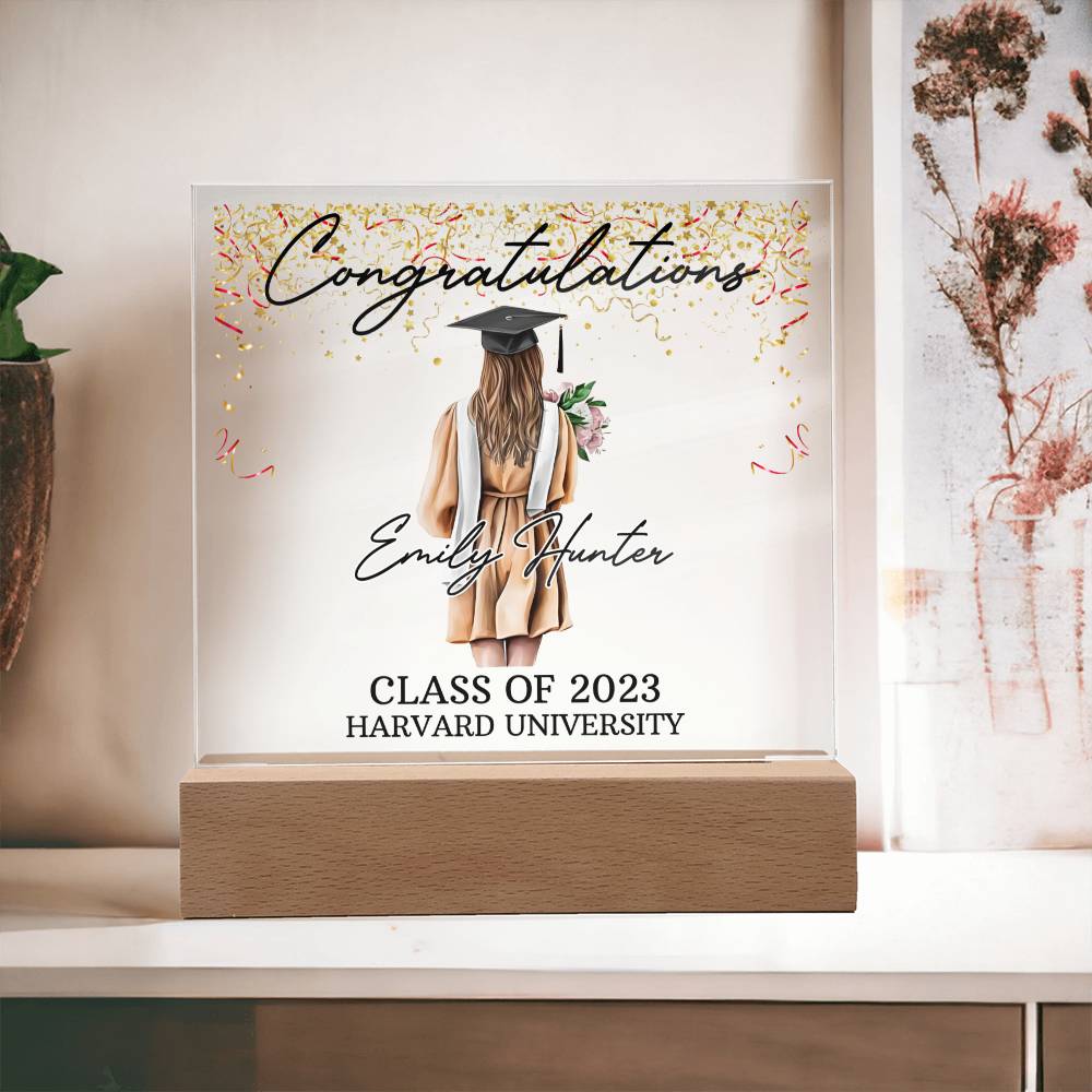PERSONALIZED ACRYLIC PLAQUE FOR CLASS OF 2023 GRADUATE, PERSONALIZED GIFT FOR HER, ACRYLIC PLAQUE WITH WOODEN LED BASE, GRADUATION DESK DECOR, HARVARD UNIVERSITY COLLEGE GIFT FOR FRIEND