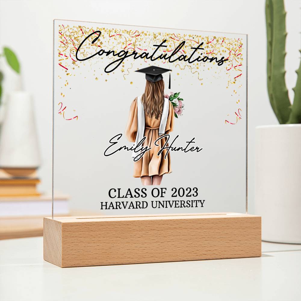PERSONALIZED ACRYLIC PLAQUE FOR CLASS OF 2023 GRADUATE, PERSONALIZED GIFT FOR HER, ACRYLIC PLAQUE WITH WOODEN LED BASE, GRADUATION DESK DECOR, HARVARD UNIVERSITY COLLEGE GIFT FOR FRIEND