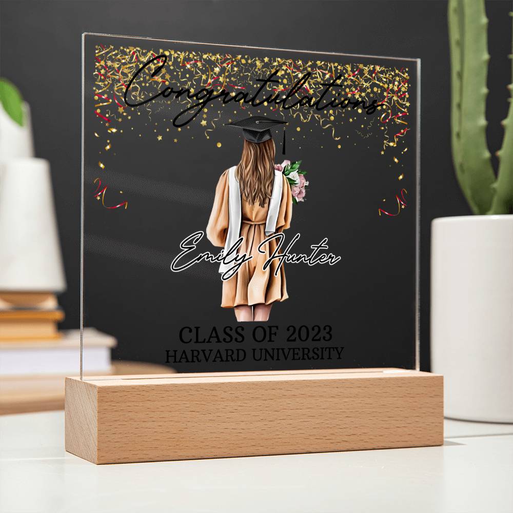 PERSONALIZED ACRYLIC PLAQUE FOR CLASS OF 2023 GRADUATE, PERSONALIZED GIFT FOR HER, ACRYLIC PLAQUE WITH WOODEN LED BASE, GRADUATION DESK DECOR, HARVARD UNIVERSITY COLLEGE GIFT FOR FRIEND