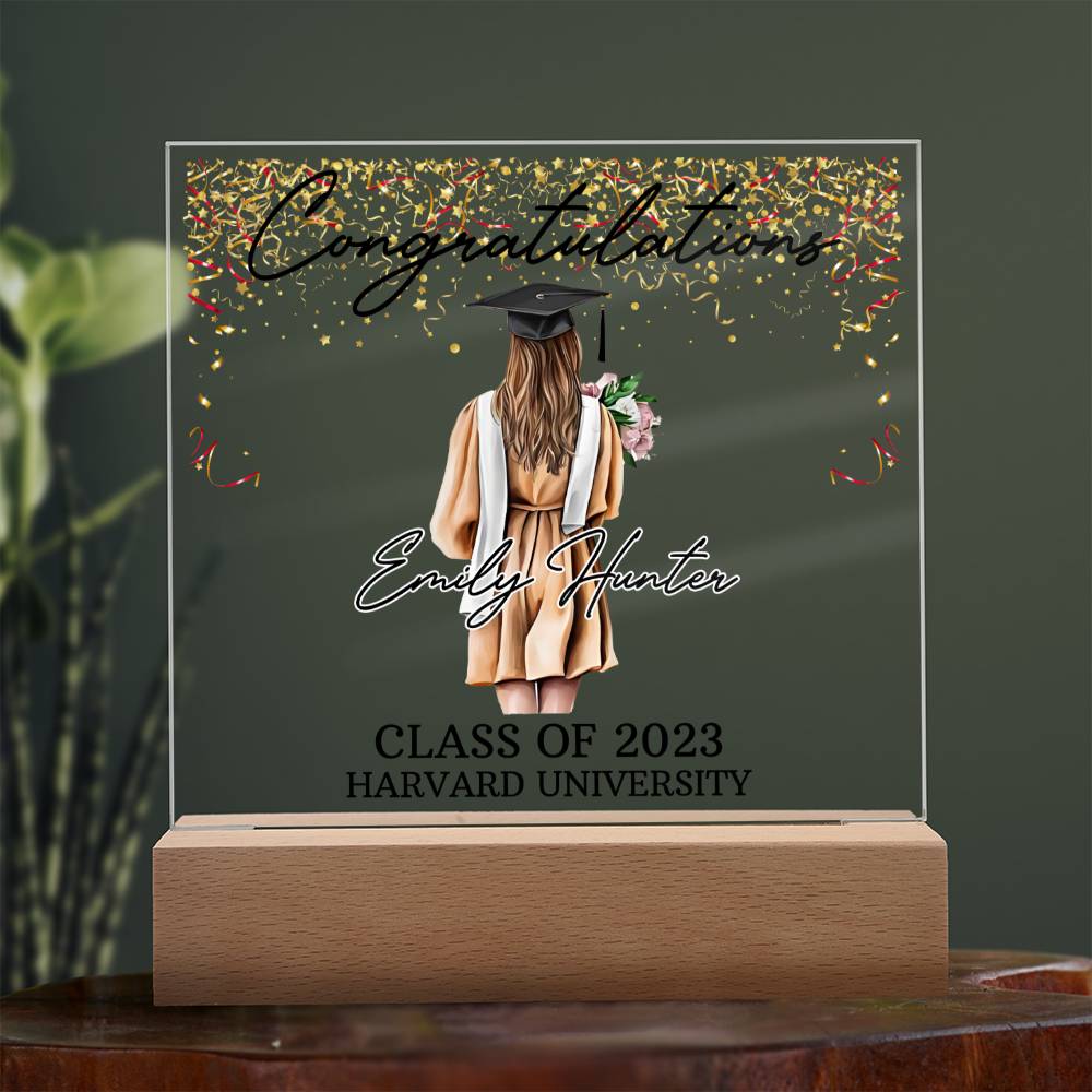 PERSONALIZED ACRYLIC PLAQUE FOR CLASS OF 2023 GRADUATE, PERSONALIZED GIFT FOR HER, ACRYLIC PLAQUE WITH WOODEN LED BASE, GRADUATION DESK DECOR, HARVARD UNIVERSITY COLLEGE GIFT FOR FRIEND