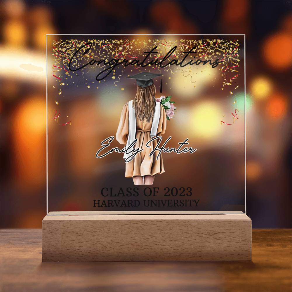 PERSONALIZED ACRYLIC PLAQUE FOR CLASS OF 2023 GRADUATE, PERSONALIZED GIFT FOR HER, ACRYLIC PLAQUE WITH WOODEN LED BASE, GRADUATION DESK DECOR, HARVARD UNIVERSITY COLLEGE GIFT FOR FRIEND