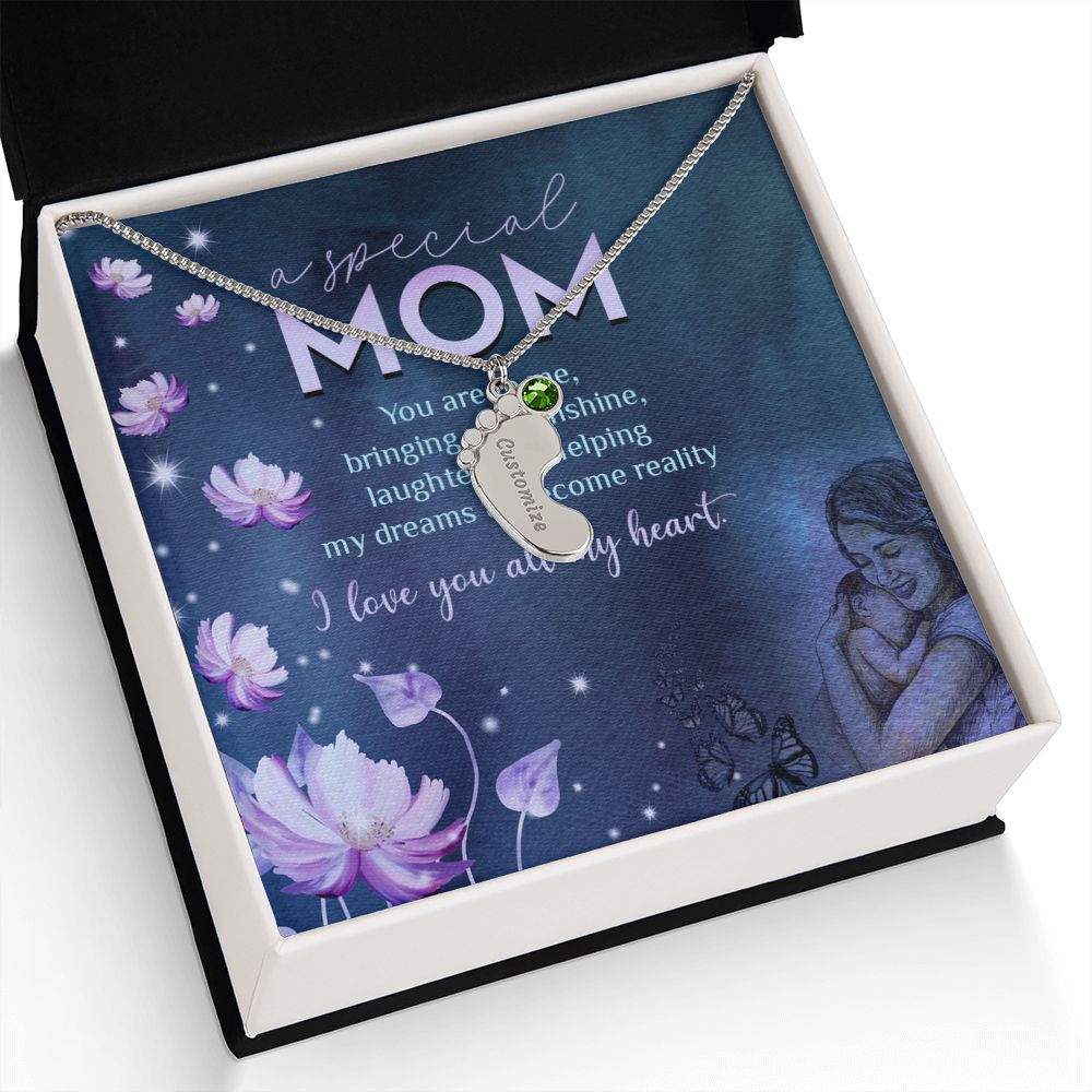 ENGRAVED BABY FEET WITH NAME AND BIRTHSTONE, NECKLACE GIFT FOR MOM WITH KIDS NAME, WITH MESSAGE CARD, BIRTHDAY/MOTHER'S DAY GIFT FOR MOM, FROM KIDS