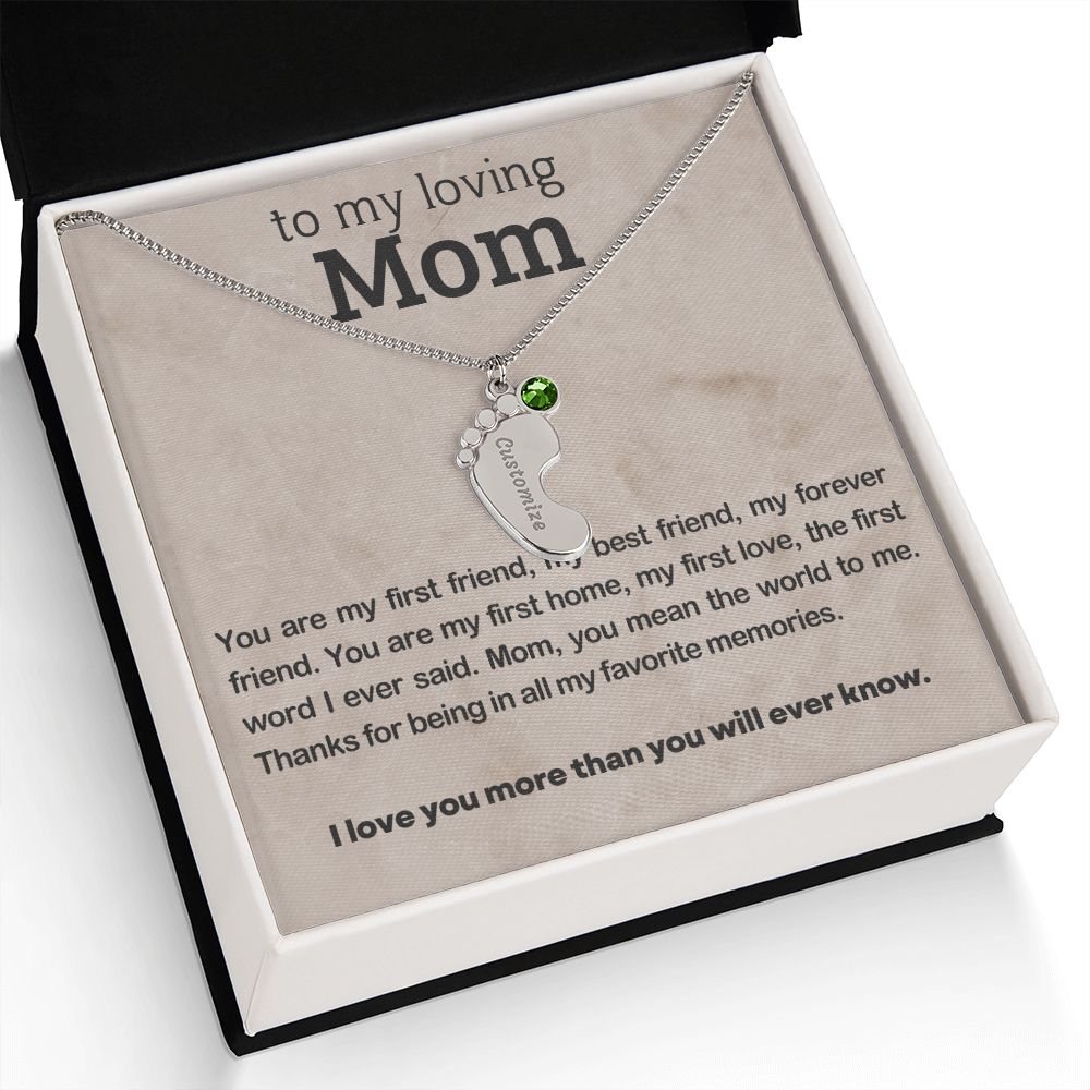 ENGRAVED BABY FEET WITH NAME AND BIRTHSTONE, NECKLACE GIFT FOR MOM WITH KIDS NAME, WITH MESSAGE CARD, BIRTHDAY/MOTHER'S DAY GIFT FOR MOM, FROM SON/DAUGHTER