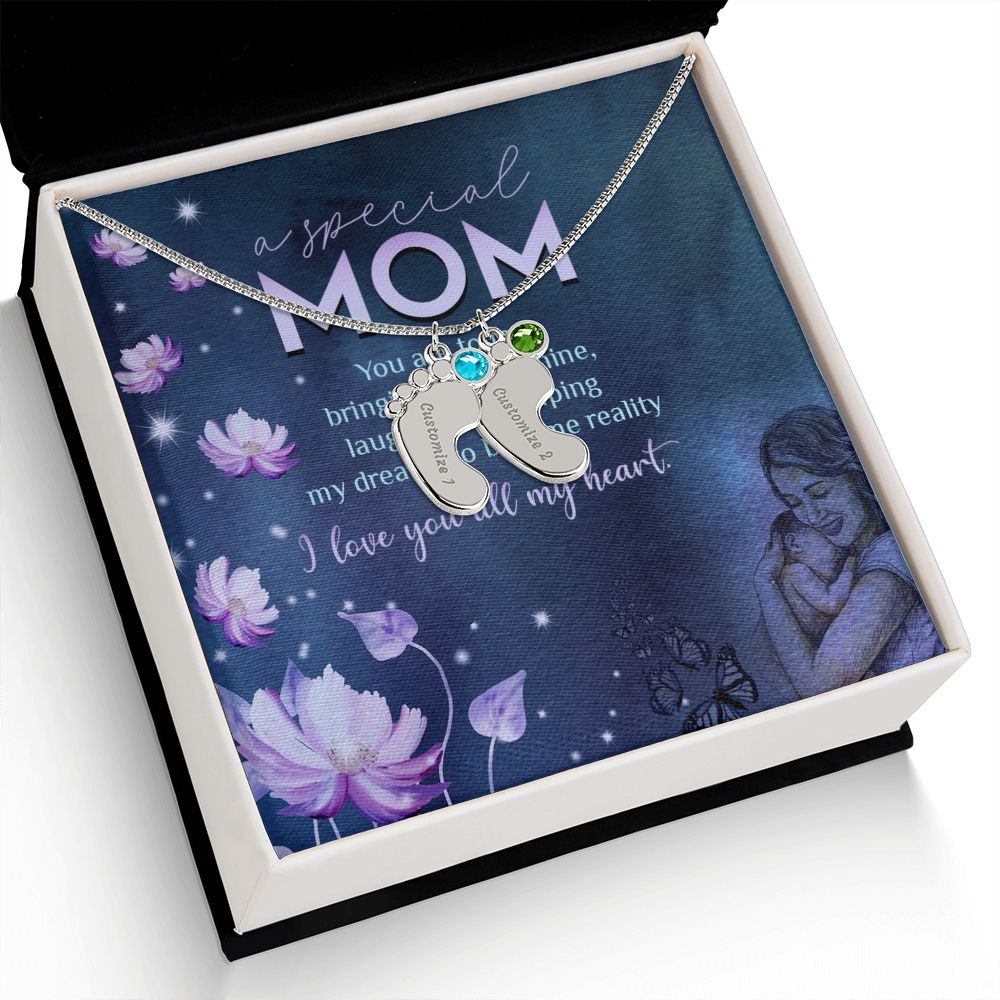 ENGRAVED BABY FEET WITH NAME AND BIRTHSTONE, NECKLACE GIFT FOR MOM WITH KIDS NAME, WITH MESSAGE CARD, BIRTHDAY/MOTHER'S DAY GIFT FOR MOM, FROM KIDS
