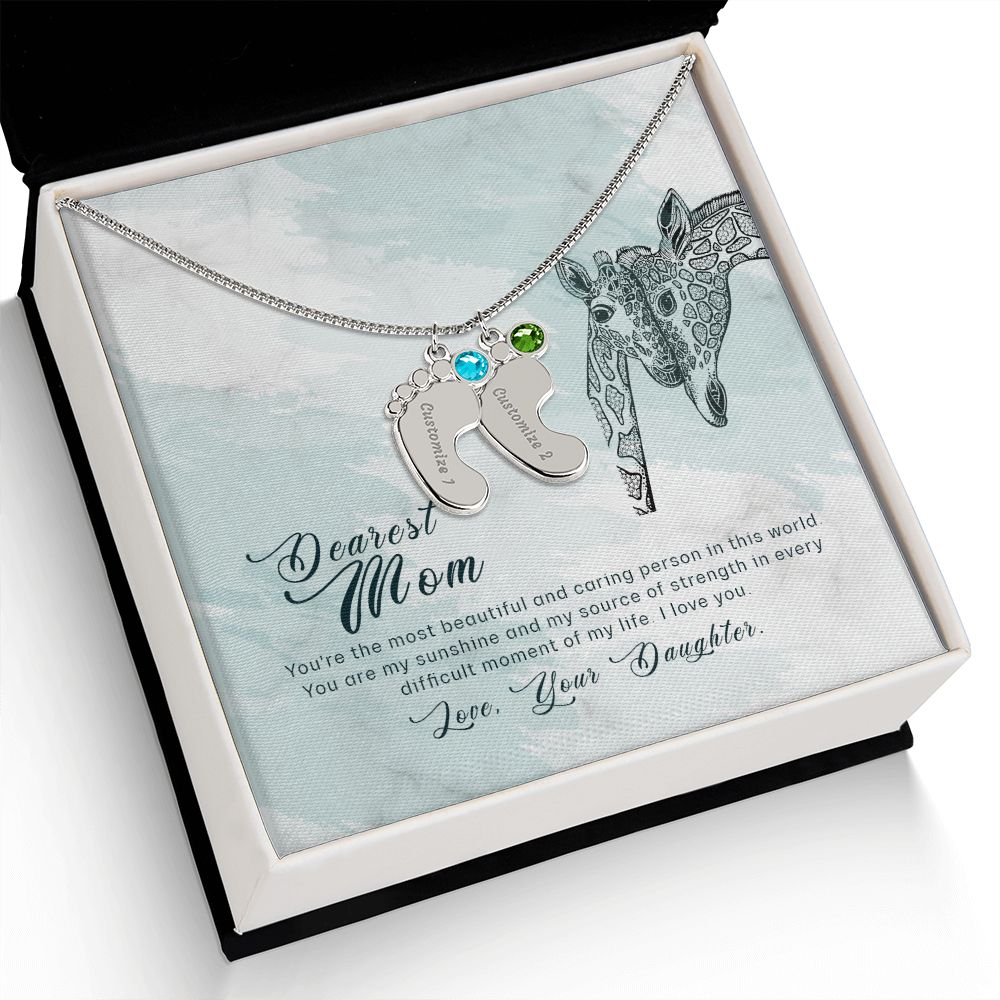ENGRAVED BABY FEET WITH NAME AND BIRTHSTONE, NECKLACE GIFT FOR MOM WITH KIDS NAME, WITH MESSAGE CARD, BIRTHDAY/MOTHER'S DAY GIFT FOR MOM, FROM DAUGHTER