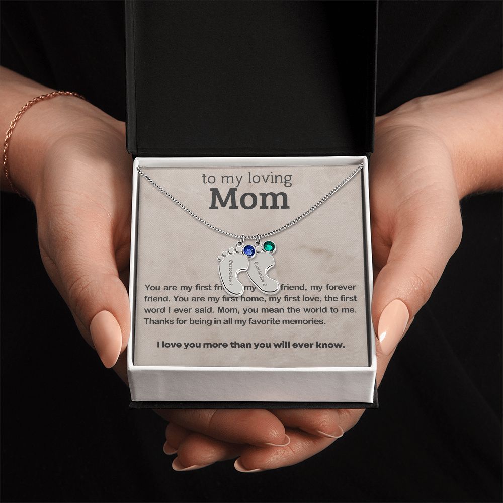 ENGRAVED BABY FEET WITH NAME AND BIRTHSTONE, NECKLACE GIFT FOR MOM WITH KIDS NAME, WITH MESSAGE CARD, BIRTHDAY/MOTHER'S DAY GIFT FOR MOM, FROM SON/DAUGHTER