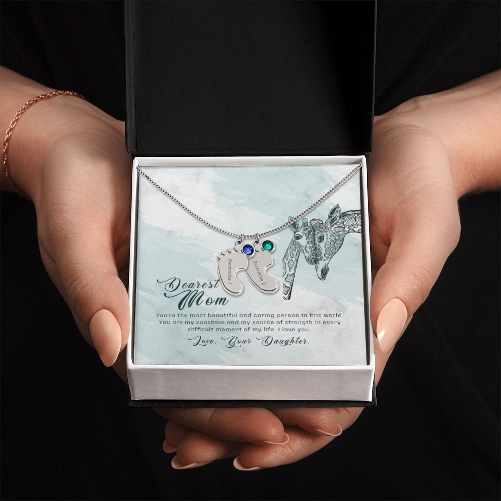 ENGRAVED BABY FEET WITH NAME AND BIRTHSTONE, NECKLACE GIFT FOR MOM WITH KIDS NAME, WITH MESSAGE CARD, BIRTHDAY/MOTHER'S DAY GIFT FOR MOM, FROM DAUGHTER