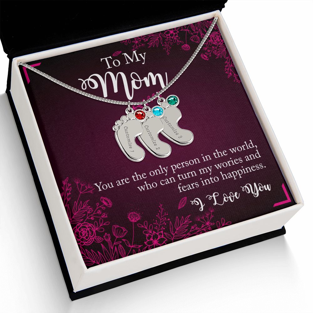 ENGRAVED BABY FEET WITH NAME AND BIRTHSTONE, NECKLACE GIFT FOR MOM WITH KIDS NAME, WITH MESSAGE CARD, BIRTHDAY/MOTHER'S DAY GIFT FOR MOM, FROM SON/DAUGHTER