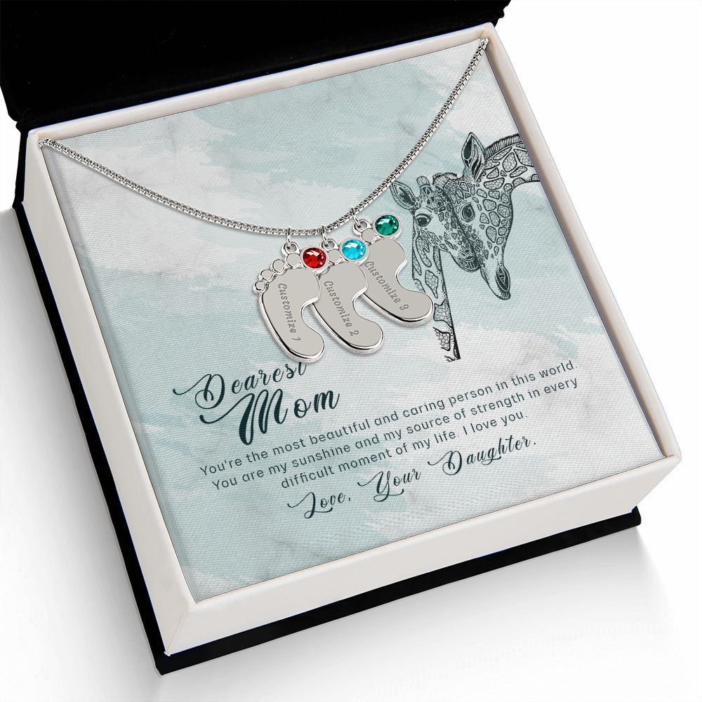 ENGRAVED BABY FEET WITH NAME AND BIRTHSTONE, NECKLACE GIFT FOR MOM WITH KIDS NAME, WITH MESSAGE CARD, BIRTHDAY/MOTHER'S DAY GIFT FOR MOM, FROM DAUGHTER
