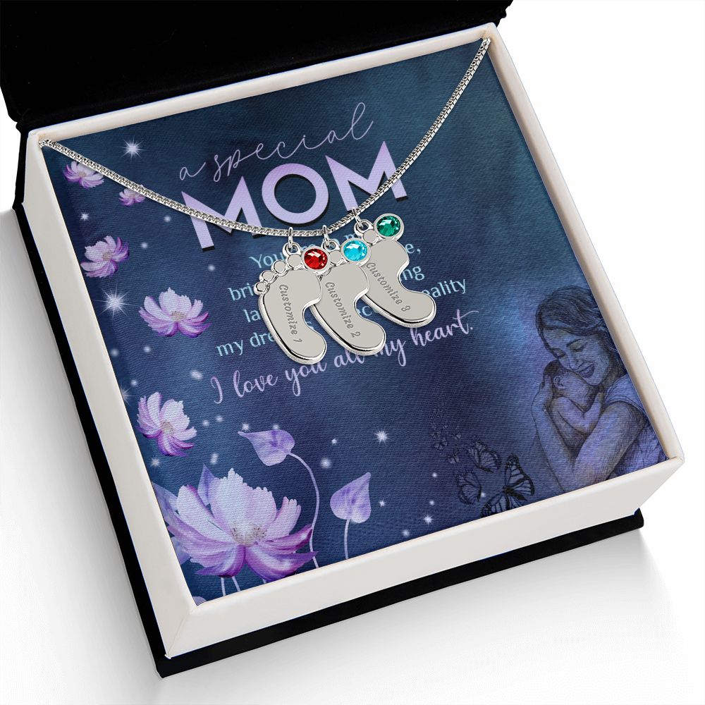 ENGRAVED BABY FEET WITH NAME AND BIRTHSTONE, NECKLACE GIFT FOR MOM WITH KIDS NAME, WITH MESSAGE CARD, BIRTHDAY/MOTHER'S DAY GIFT FOR MOM, FROM KIDS