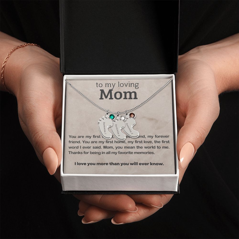 ENGRAVED BABY FEET WITH NAME AND BIRTHSTONE, NECKLACE GIFT FOR MOM WITH KIDS NAME, WITH MESSAGE CARD, BIRTHDAY/MOTHER'S DAY GIFT FOR MOM, FROM SON/DAUGHTER