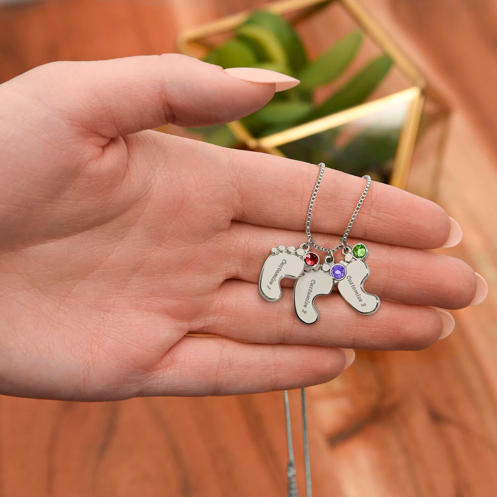 ENGRAVED BABY FEET WITH NAME AND BIRTHSTONE, NECKLACE GIFT FOR MOM WITH KIDS NAME, WITH MESSAGE CARD, BIRTHDAY/MOTHER'S DAY GIFT FOR MOM, FROM SON/DAUGHTER