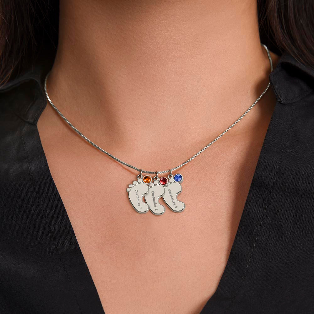 ENGRAVED BABY FEET WITH NAME AND BIRTHSTONE, NECKLACE GIFT FOR MOM WITH KIDS NAME, WITH MESSAGE CARD, BIRTHDAY/MOTHER'S DAY GIFT FOR MOM, FROM DAUGHTER