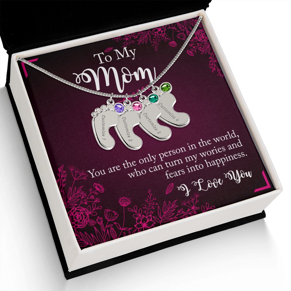 ENGRAVED BABY FEET WITH NAME AND BIRTHSTONE, NECKLACE GIFT FOR MOM WITH KIDS NAME, WITH MESSAGE CARD, BIRTHDAY/MOTHER'S DAY GIFT FOR MOM, FROM SON/DAUGHTER