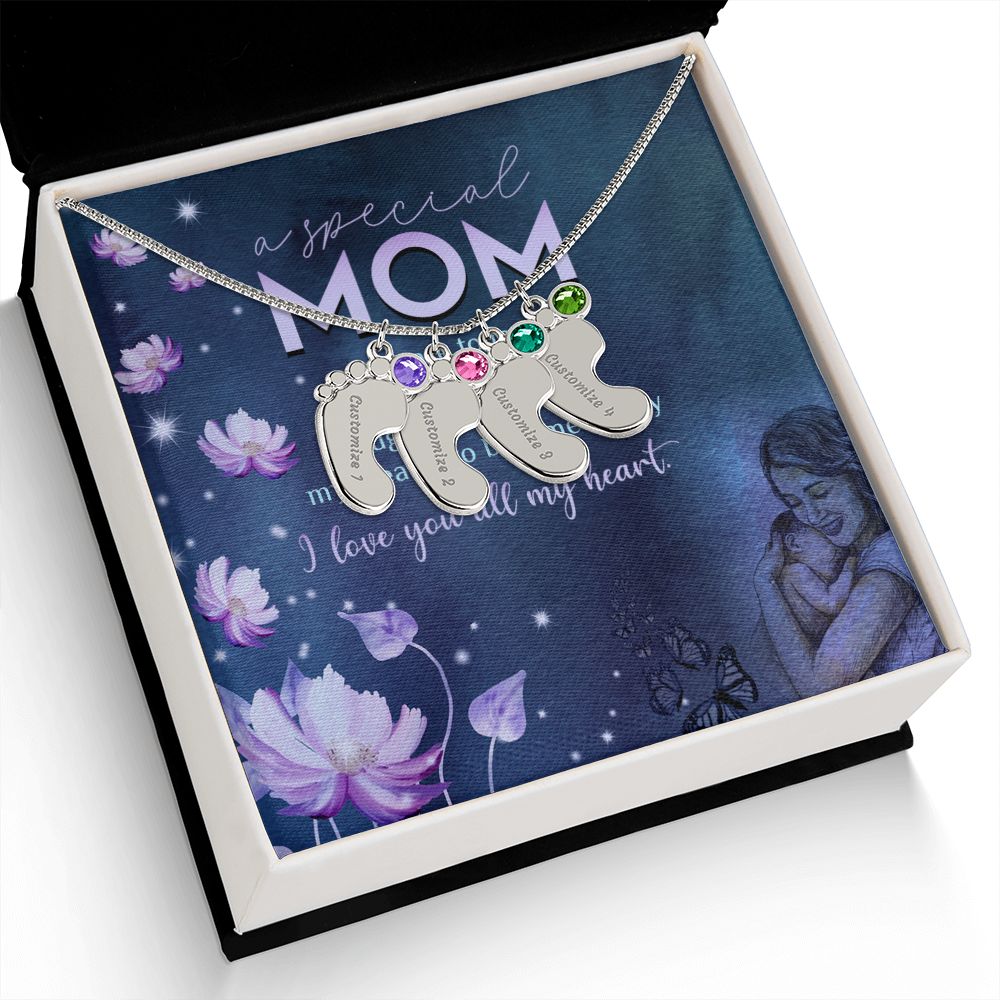ENGRAVED BABY FEET WITH NAME AND BIRTHSTONE, NECKLACE GIFT FOR MOM WITH KIDS NAME, WITH MESSAGE CARD, BIRTHDAY/MOTHER'S DAY GIFT FOR MOM, FROM KIDS