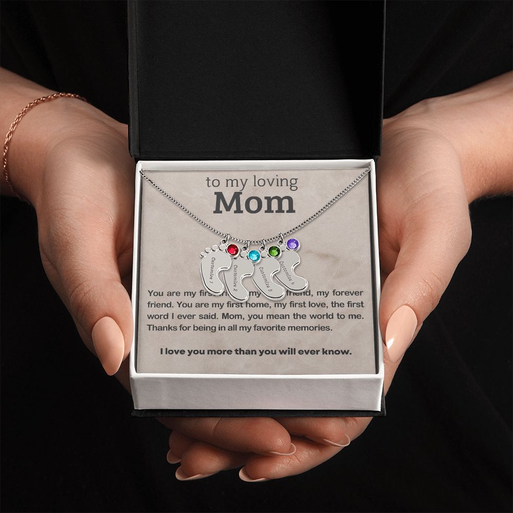 ENGRAVED BABY FEET WITH NAME AND BIRTHSTONE, NECKLACE GIFT FOR MOM WITH KIDS NAME, WITH MESSAGE CARD, BIRTHDAY/MOTHER'S DAY GIFT FOR MOM, FROM SON/DAUGHTER