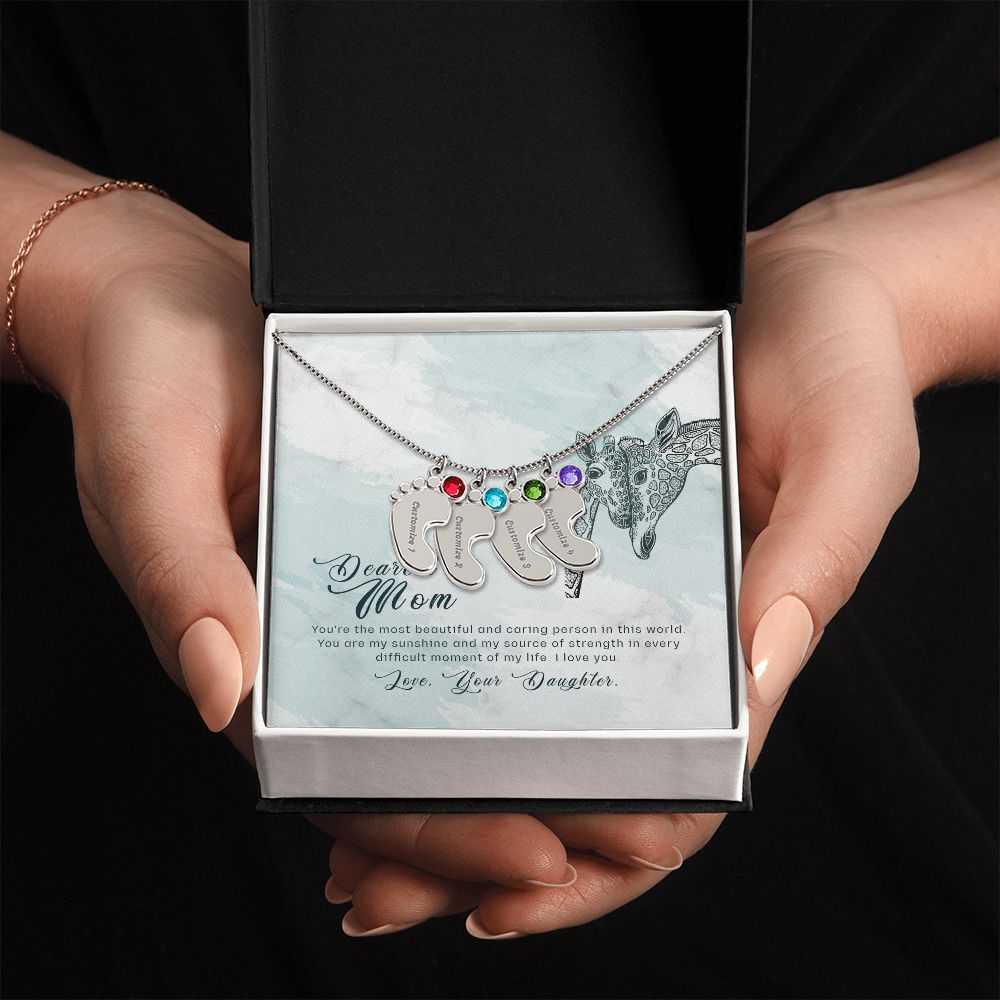 ENGRAVED BABY FEET WITH NAME AND BIRTHSTONE, NECKLACE GIFT FOR MOM WITH KIDS NAME, WITH MESSAGE CARD, BIRTHDAY/MOTHER'S DAY GIFT FOR MOM, FROM DAUGHTER