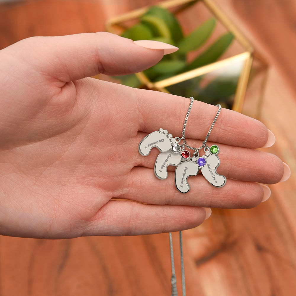 ENGRAVED BABY FEET WITH NAME AND BIRTHSTONE, NECKLACE GIFT FOR MOM WITH KIDS NAME, WITH MESSAGE CARD, BIRTHDAY/MOTHER'S DAY GIFT FOR MOM, FROM SON/DAUGHTER