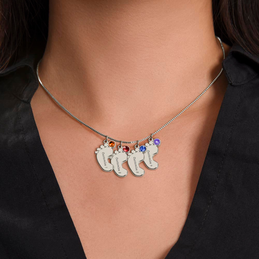 ENGRAVED BABY FEET WITH NAME AND BIRTHSTONE, NECKLACE GIFT FOR MOM WITH KIDS NAME, WITH MESSAGE CARD, BIRTHDAY/MOTHER'S DAY GIFT FOR MOM, FROM DAUGHTER