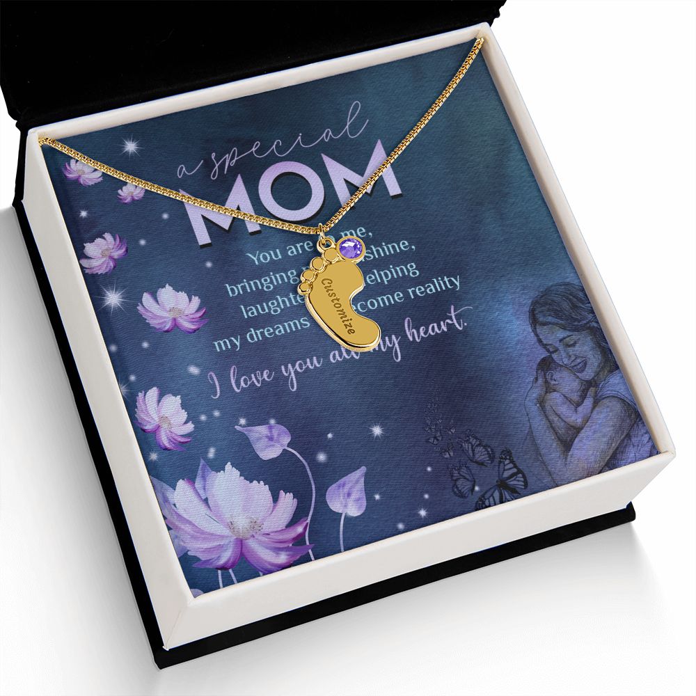 ENGRAVED BABY FEET WITH NAME AND BIRTHSTONE, NECKLACE GIFT FOR MOM WITH KIDS NAME, WITH MESSAGE CARD, BIRTHDAY/MOTHER'S DAY GIFT FOR MOM, FROM KIDS