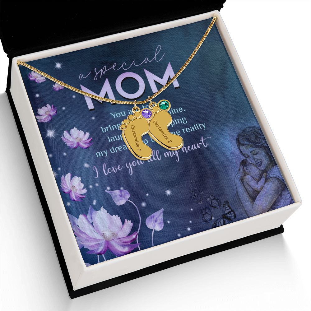 ENGRAVED BABY FEET WITH NAME AND BIRTHSTONE, NECKLACE GIFT FOR MOM WITH KIDS NAME, WITH MESSAGE CARD, BIRTHDAY/MOTHER'S DAY GIFT FOR MOM, FROM KIDS