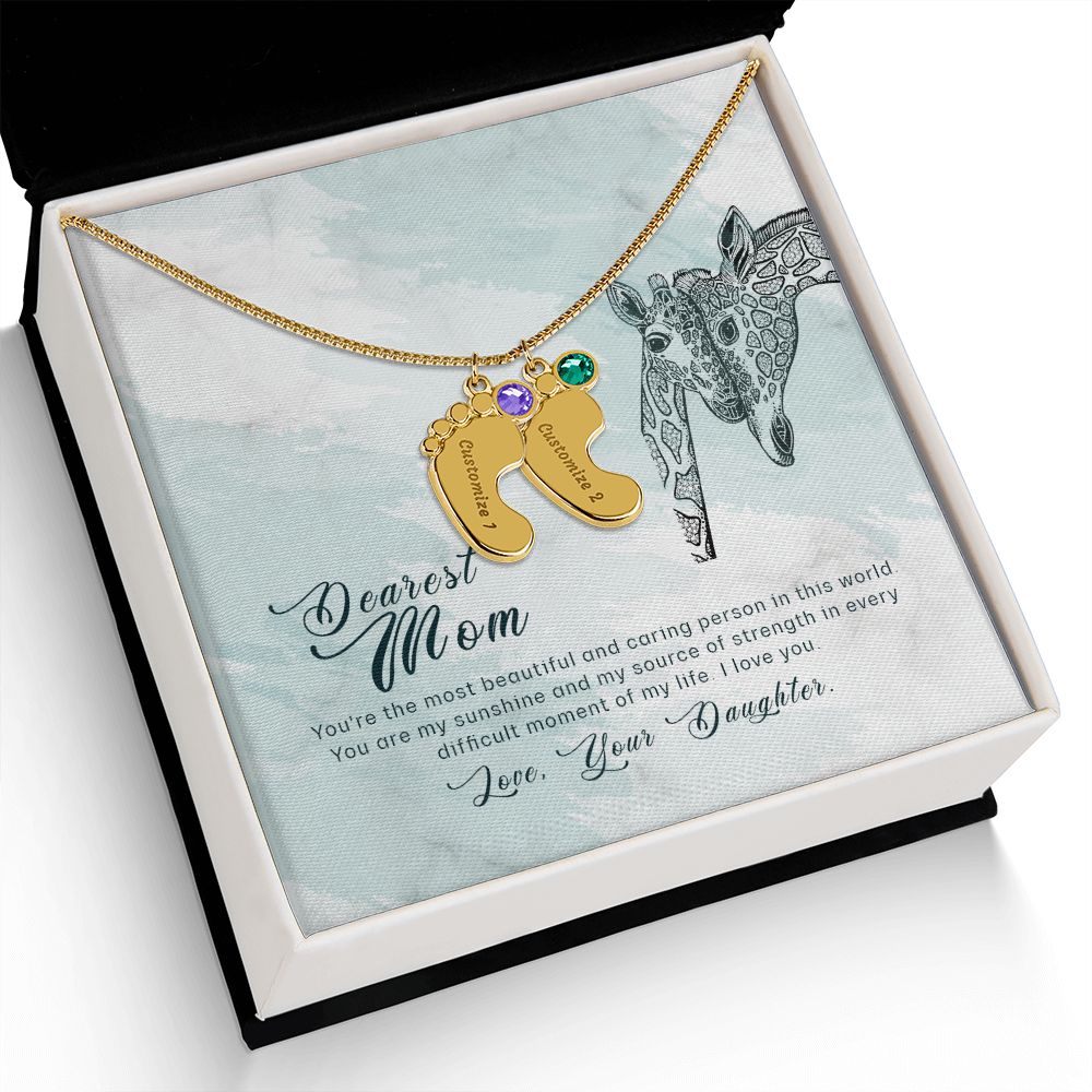 ENGRAVED BABY FEET WITH NAME AND BIRTHSTONE, NECKLACE GIFT FOR MOM WITH KIDS NAME, WITH MESSAGE CARD, BIRTHDAY/MOTHER'S DAY GIFT FOR MOM, FROM DAUGHTER