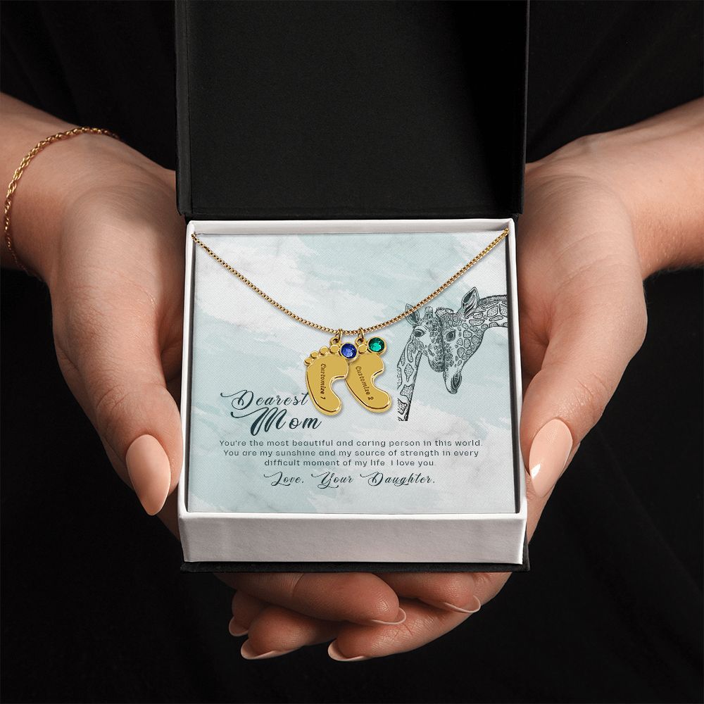 ENGRAVED BABY FEET WITH NAME AND BIRTHSTONE, NECKLACE GIFT FOR MOM WITH KIDS NAME, WITH MESSAGE CARD, BIRTHDAY/MOTHER'S DAY GIFT FOR MOM, FROM DAUGHTER