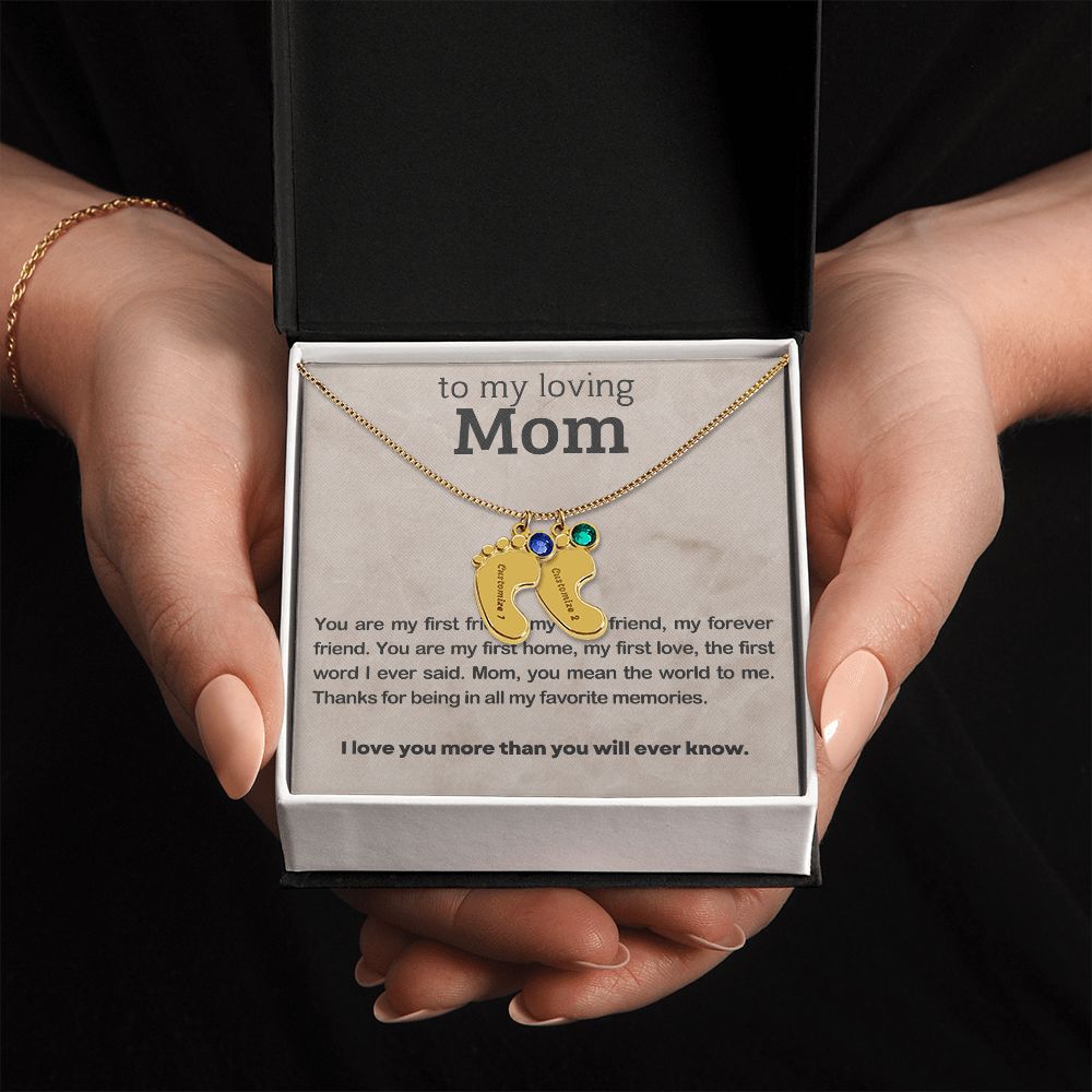 ENGRAVED BABY FEET WITH NAME AND BIRTHSTONE, NECKLACE GIFT FOR MOM WITH KIDS NAME, WITH MESSAGE CARD, BIRTHDAY/MOTHER'S DAY GIFT FOR MOM, FROM SON/DAUGHTER