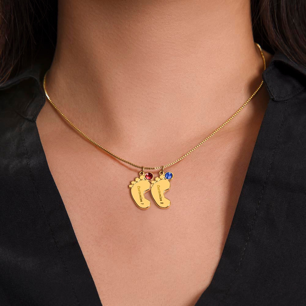 ENGRAVED BABY FEET WITH NAME AND BIRTHSTONE, NECKLACE GIFT FOR MOM WITH KIDS NAME, WITH MESSAGE CARD, BIRTHDAY/MOTHER'S DAY GIFT FOR MOM, FROM DAUGHTER