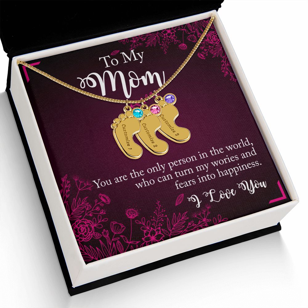 ENGRAVED BABY FEET WITH NAME AND BIRTHSTONE, NECKLACE GIFT FOR MOM WITH KIDS NAME, WITH MESSAGE CARD, BIRTHDAY/MOTHER'S DAY GIFT FOR MOM, FROM SON/DAUGHTER