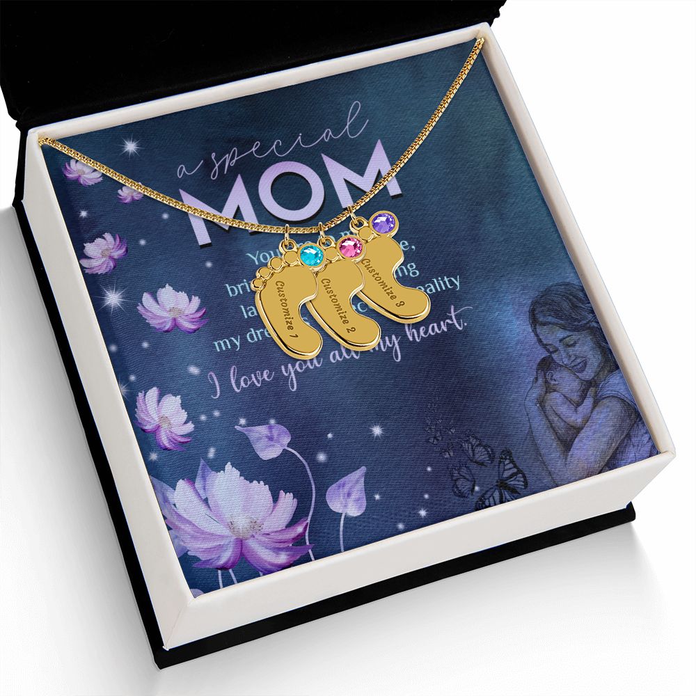 ENGRAVED BABY FEET WITH NAME AND BIRTHSTONE, NECKLACE GIFT FOR MOM WITH KIDS NAME, WITH MESSAGE CARD, BIRTHDAY/MOTHER'S DAY GIFT FOR MOM, FROM KIDS