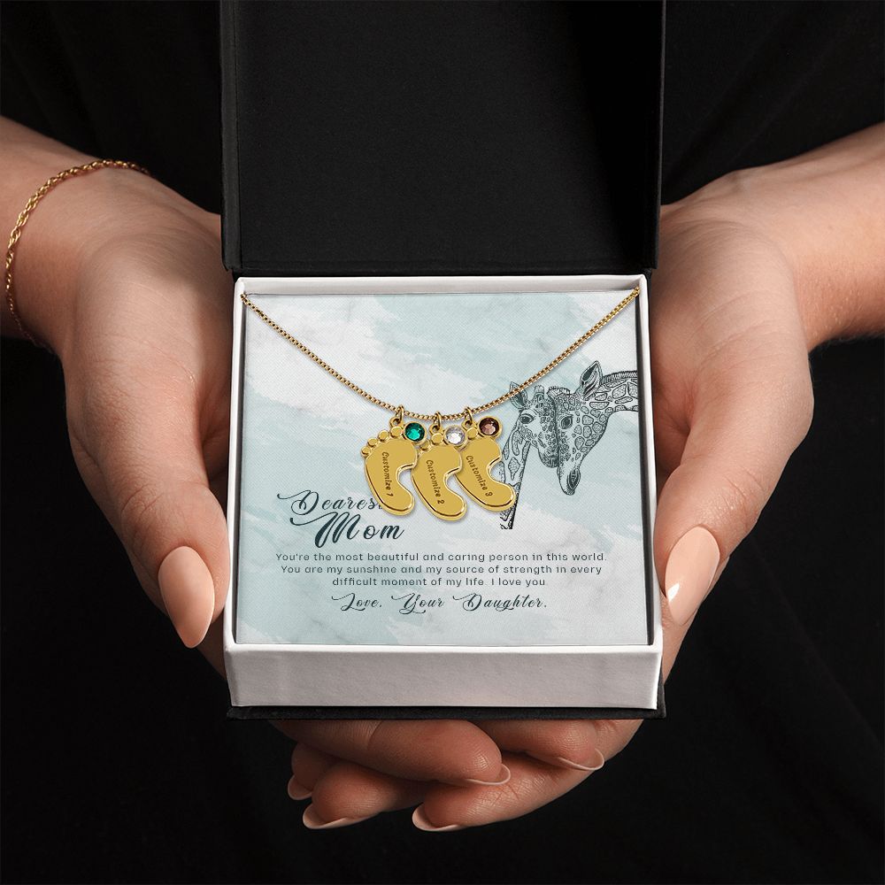 ENGRAVED BABY FEET WITH NAME AND BIRTHSTONE, NECKLACE GIFT FOR MOM WITH KIDS NAME, WITH MESSAGE CARD, BIRTHDAY/MOTHER'S DAY GIFT FOR MOM, FROM DAUGHTER