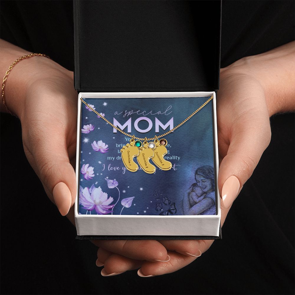 ENGRAVED BABY FEET WITH NAME AND BIRTHSTONE, NECKLACE GIFT FOR MOM WITH KIDS NAME, WITH MESSAGE CARD, BIRTHDAY/MOTHER'S DAY GIFT FOR MOM, FROM KIDS