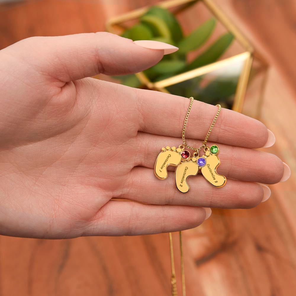 ENGRAVED BABY FEET WITH NAME AND BIRTHSTONE, NECKLACE GIFT FOR MOM WITH KIDS NAME, WITH MESSAGE CARD, BIRTHDAY/MOTHER'S DAY GIFT FOR MOM, FROM DAUGHTER