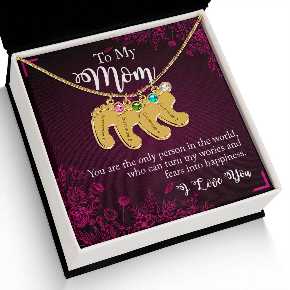 ENGRAVED BABY FEET WITH NAME AND BIRTHSTONE, NECKLACE GIFT FOR MOM WITH KIDS NAME, WITH MESSAGE CARD, BIRTHDAY/MOTHER'S DAY GIFT FOR MOM, FROM SON/DAUGHTER