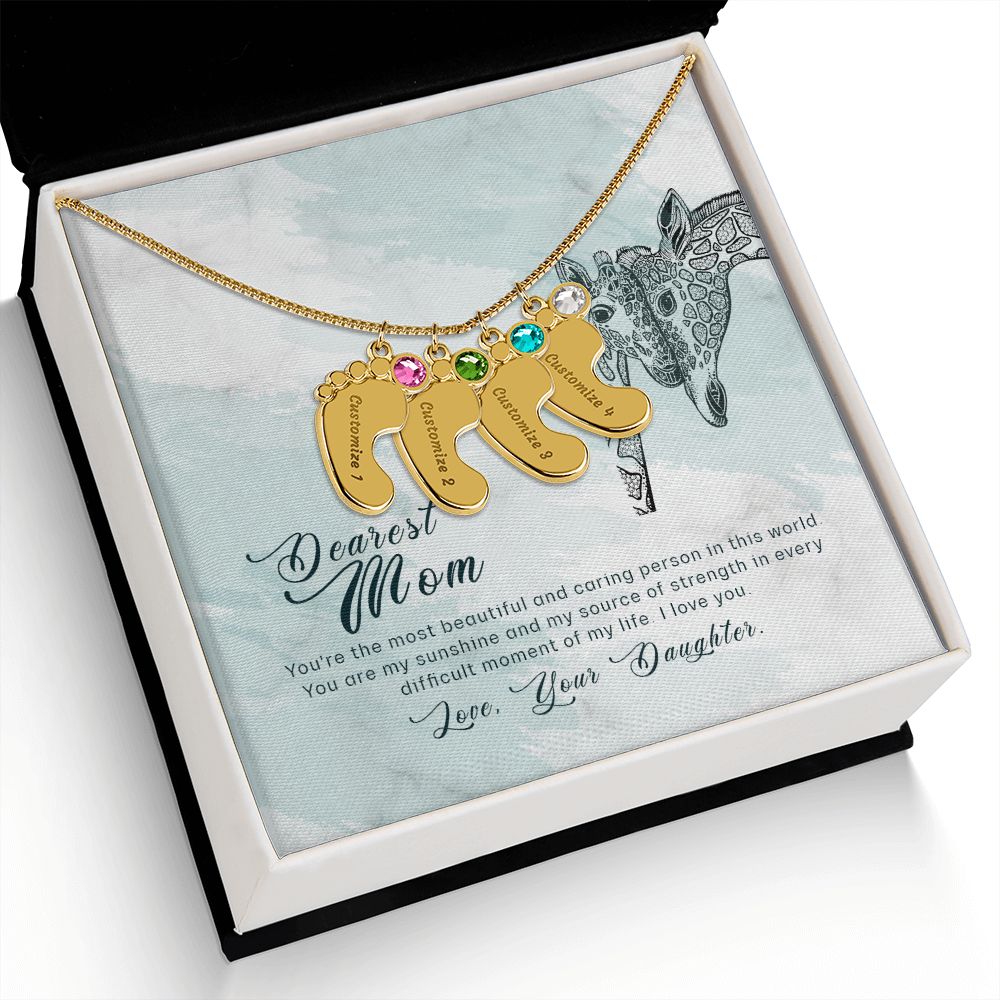 ENGRAVED BABY FEET WITH NAME AND BIRTHSTONE, NECKLACE GIFT FOR MOM WITH KIDS NAME, WITH MESSAGE CARD, BIRTHDAY/MOTHER'S DAY GIFT FOR MOM, FROM DAUGHTER