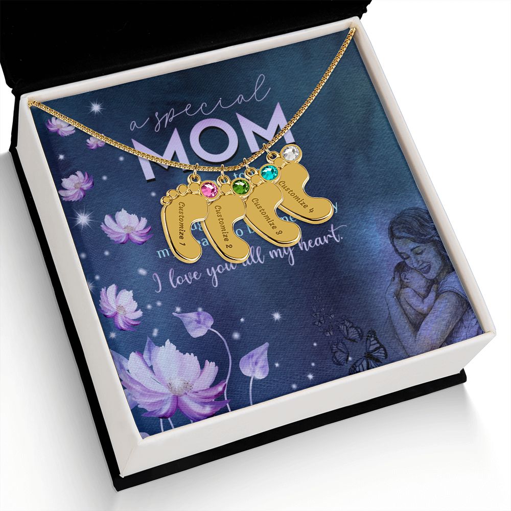 ENGRAVED BABY FEET WITH NAME AND BIRTHSTONE, NECKLACE GIFT FOR MOM WITH KIDS NAME, WITH MESSAGE CARD, BIRTHDAY/MOTHER'S DAY GIFT FOR MOM, FROM KIDS