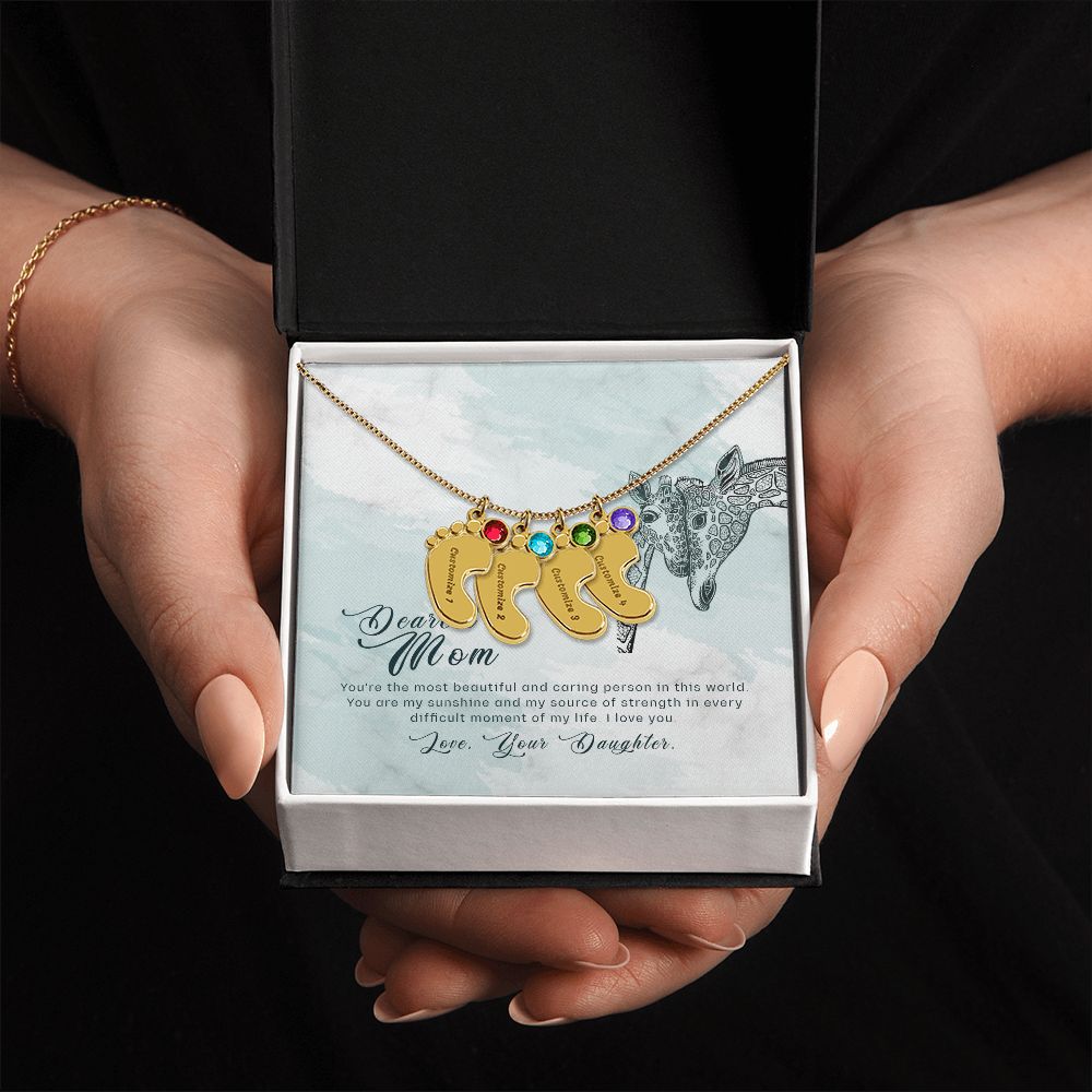 ENGRAVED BABY FEET WITH NAME AND BIRTHSTONE, NECKLACE GIFT FOR MOM WITH KIDS NAME, WITH MESSAGE CARD, BIRTHDAY/MOTHER'S DAY GIFT FOR MOM, FROM DAUGHTER