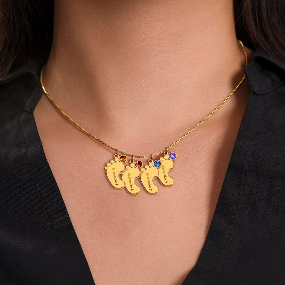 ENGRAVED BABY FEET WITH NAME AND BIRTHSTONE, NECKLACE GIFT FOR MOM WITH KIDS NAME, WITH MESSAGE CARD, BIRTHDAY/MOTHER'S DAY GIFT FOR MOM, FROM SON/DAUGHTER