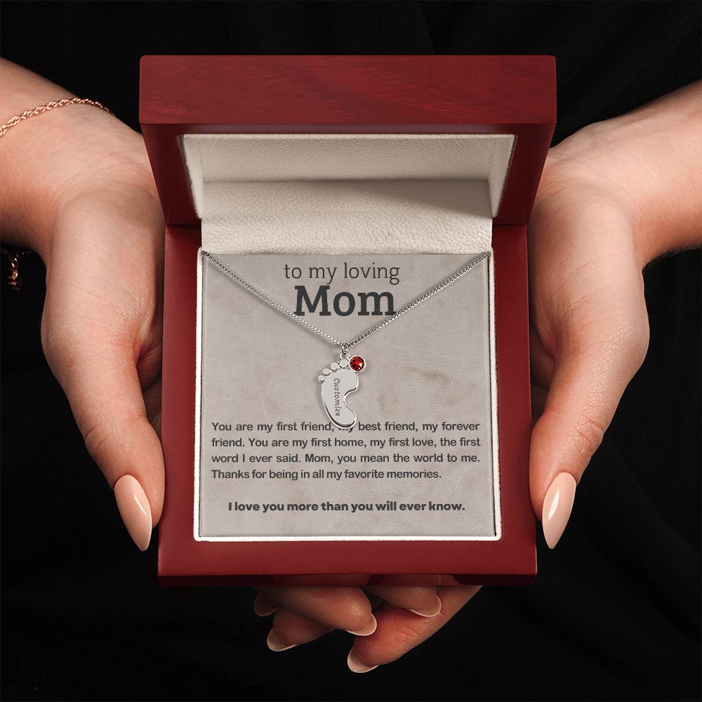 ENGRAVED BABY FEET WITH NAME AND BIRTHSTONE, NECKLACE GIFT FOR MOM WITH KIDS NAME, WITH MESSAGE CARD, BIRTHDAY/MOTHER'S DAY GIFT FOR MOM, FROM SON/DAUGHTER