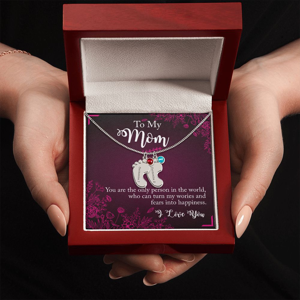 ENGRAVED BABY FEET WITH NAME AND BIRTHSTONE, NECKLACE GIFT FOR MOM WITH KIDS NAME, WITH MESSAGE CARD, BIRTHDAY/MOTHER'S DAY GIFT FOR MOM, FROM SON/DAUGHTER