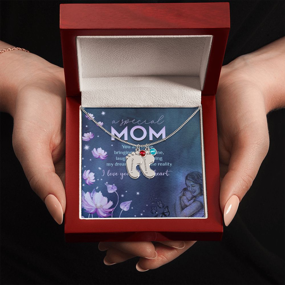 ENGRAVED BABY FEET WITH NAME AND BIRTHSTONE, NECKLACE GIFT FOR MOM WITH KIDS NAME, WITH MESSAGE CARD, BIRTHDAY/MOTHER'S DAY GIFT FOR MOM, FROM KIDS