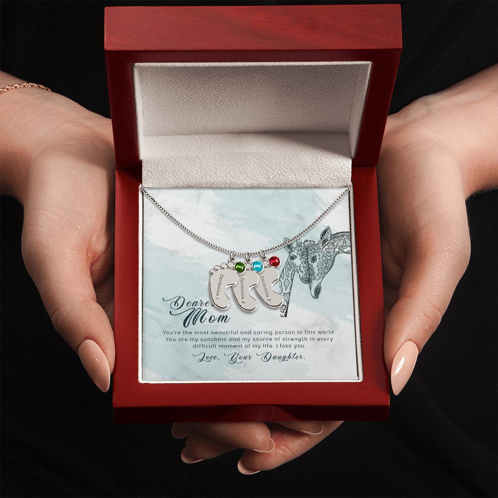 ENGRAVED BABY FEET WITH NAME AND BIRTHSTONE, NECKLACE GIFT FOR MOM WITH KIDS NAME, WITH MESSAGE CARD, BIRTHDAY/MOTHER'S DAY GIFT FOR MOM, FROM DAUGHTER