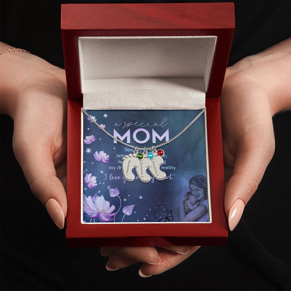 ENGRAVED BABY FEET WITH NAME AND BIRTHSTONE, NECKLACE GIFT FOR MOM WITH KIDS NAME, WITH MESSAGE CARD, BIRTHDAY/MOTHER'S DAY GIFT FOR MOM, FROM KIDS