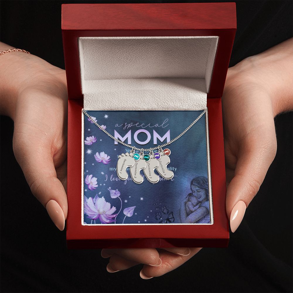 ENGRAVED BABY FEET WITH NAME AND BIRTHSTONE, NECKLACE GIFT FOR MOM WITH KIDS NAME, WITH MESSAGE CARD, BIRTHDAY/MOTHER'S DAY GIFT FOR MOM, FROM KIDS