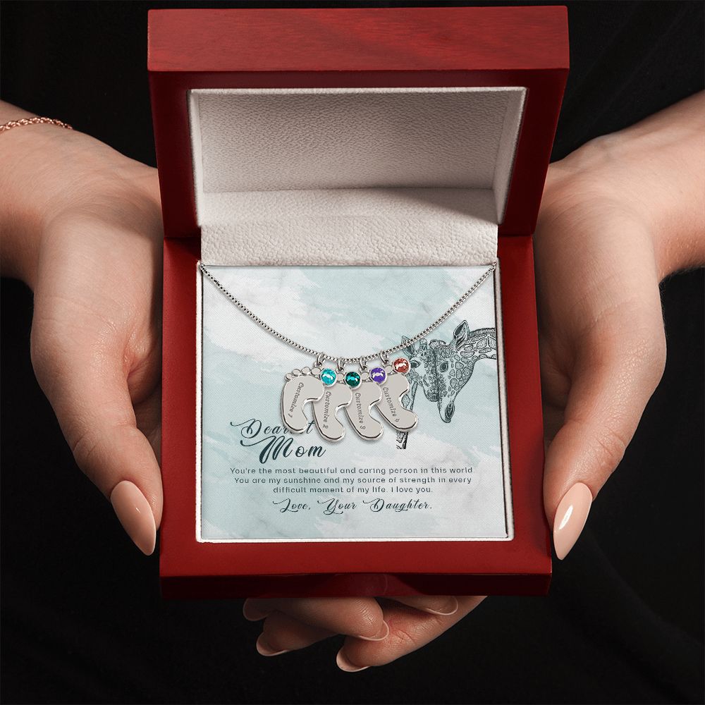 ENGRAVED BABY FEET WITH NAME AND BIRTHSTONE, NECKLACE GIFT FOR MOM WITH KIDS NAME, WITH MESSAGE CARD, BIRTHDAY/MOTHER'S DAY GIFT FOR MOM, FROM DAUGHTER