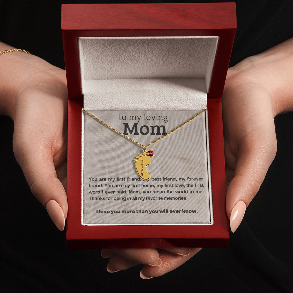 ENGRAVED BABY FEET WITH NAME AND BIRTHSTONE, NECKLACE GIFT FOR MOM WITH KIDS NAME, WITH MESSAGE CARD, BIRTHDAY/MOTHER'S DAY GIFT FOR MOM, FROM SON/DAUGHTER